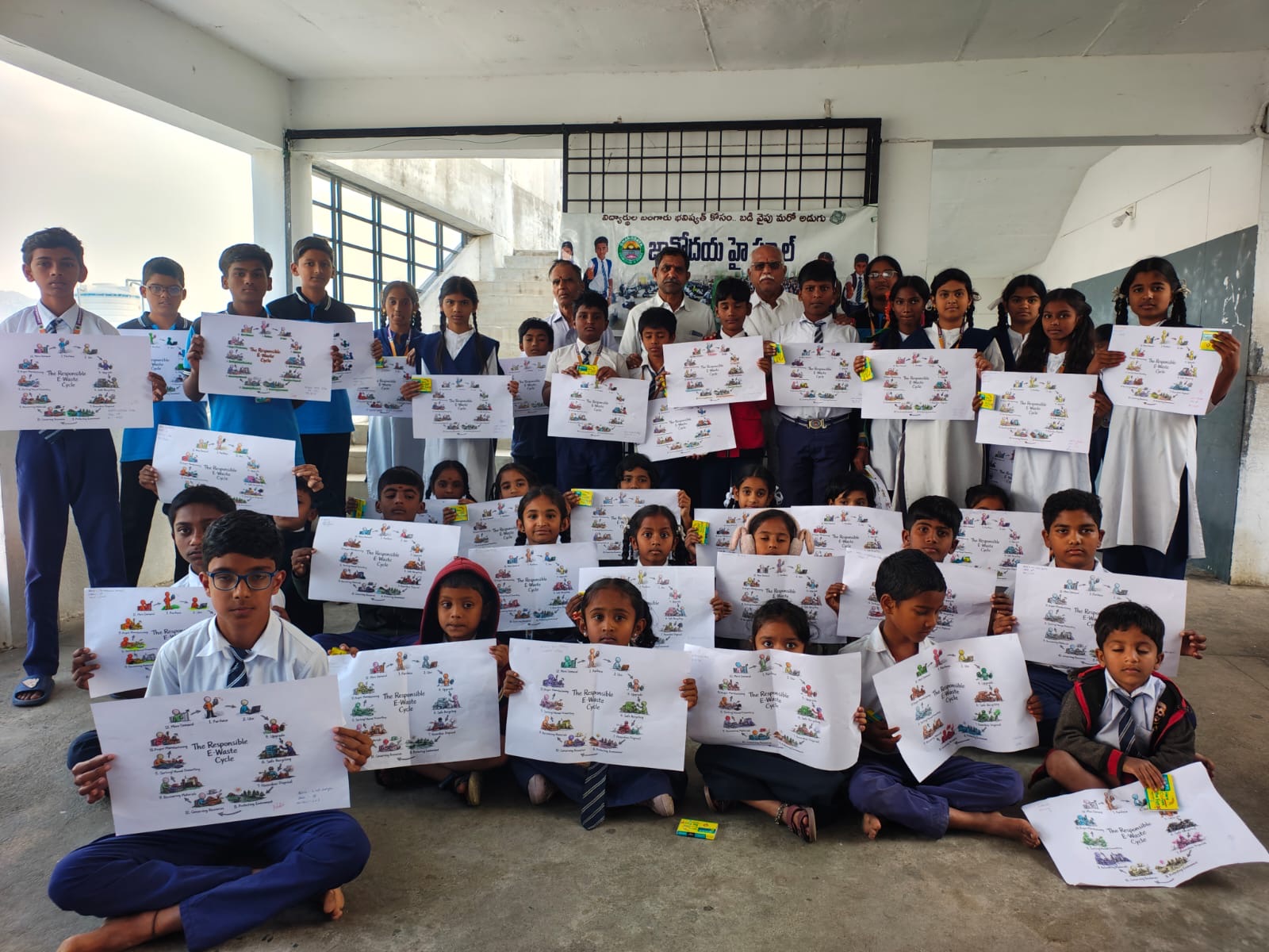 About forty students at Jnanodaya High School hold up Responsible E-Waste Cycle posters together.