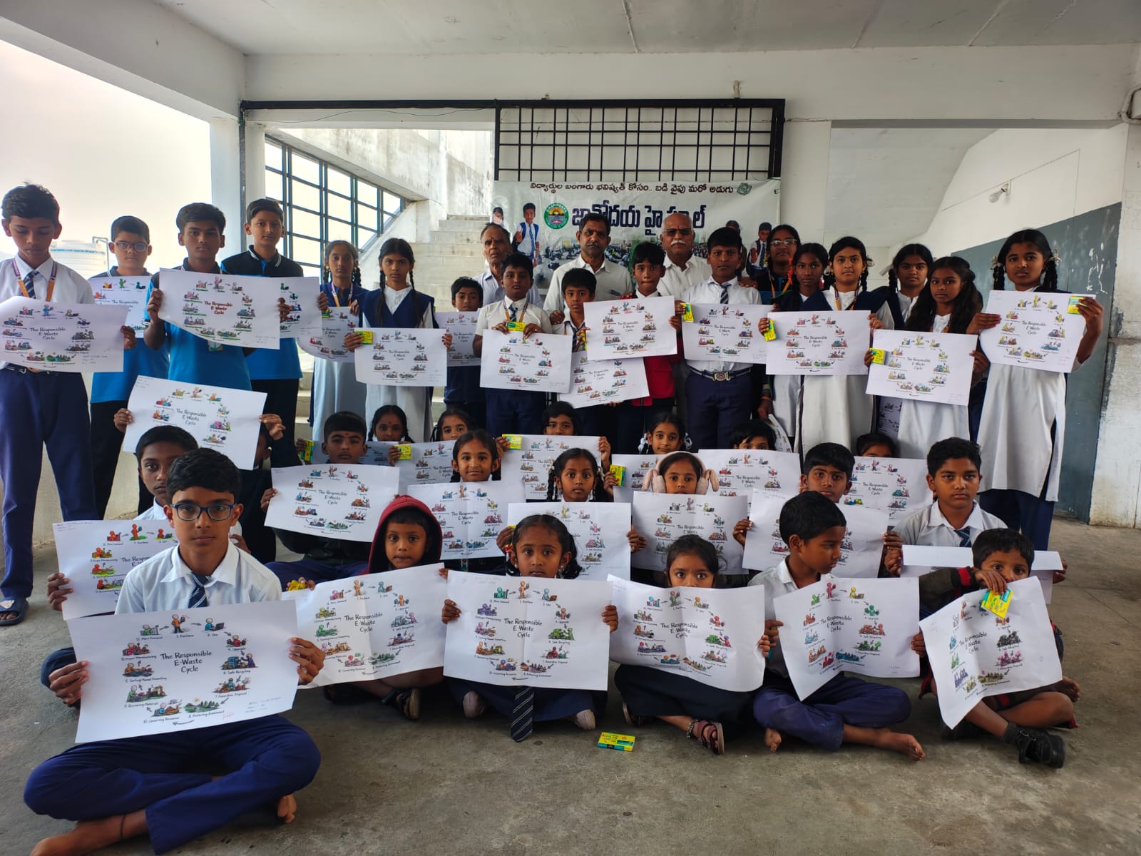 Jnanodaya High School students in uniform hold up E-Waste Cycle posters in front of the school banner.